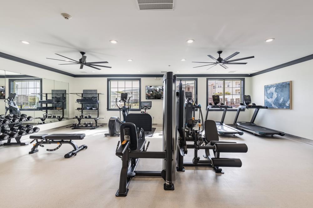 a gym with weights and other exercise equipment in a room with windows