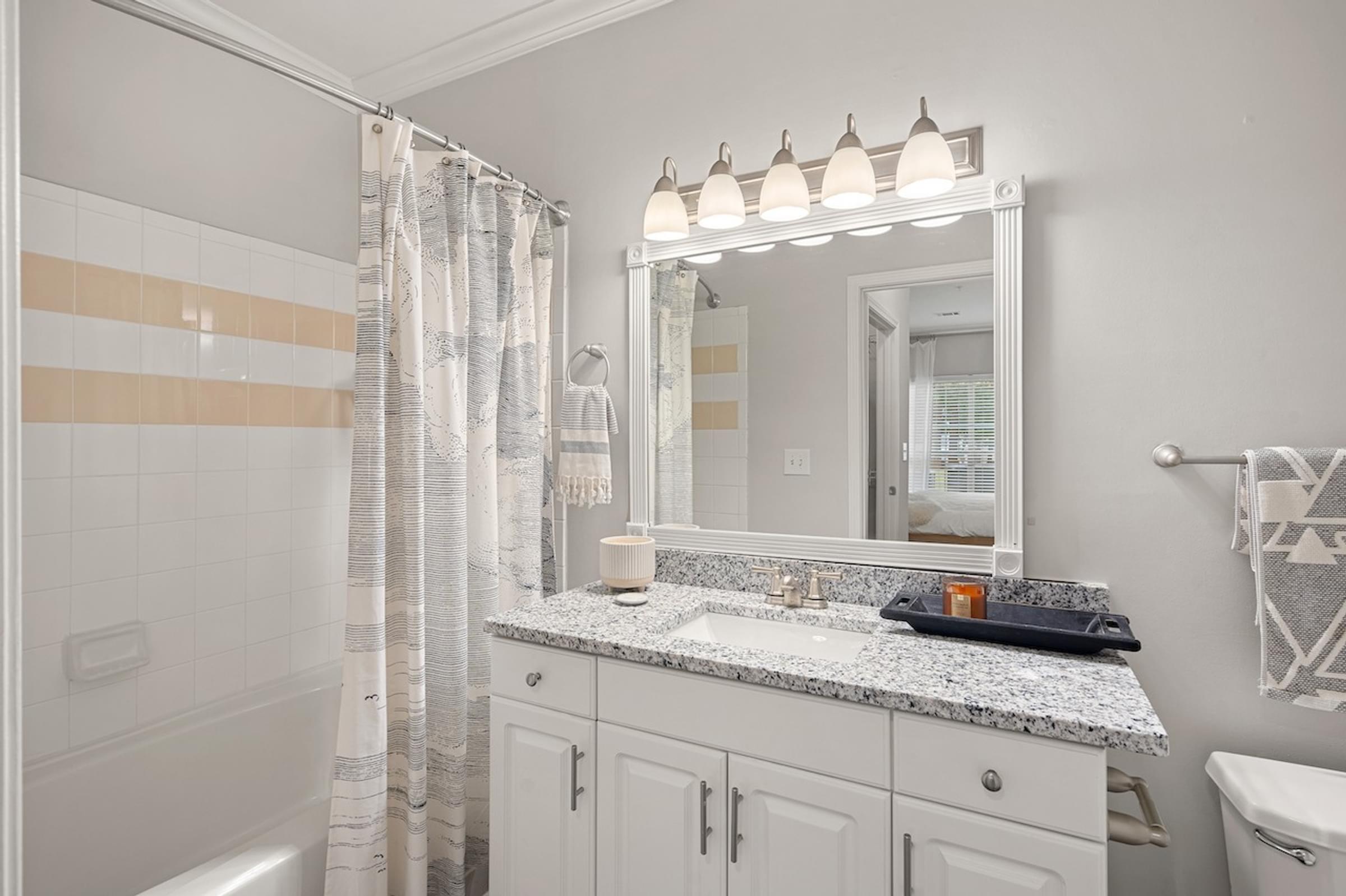a bathroom with a sink and a mirror and a shower