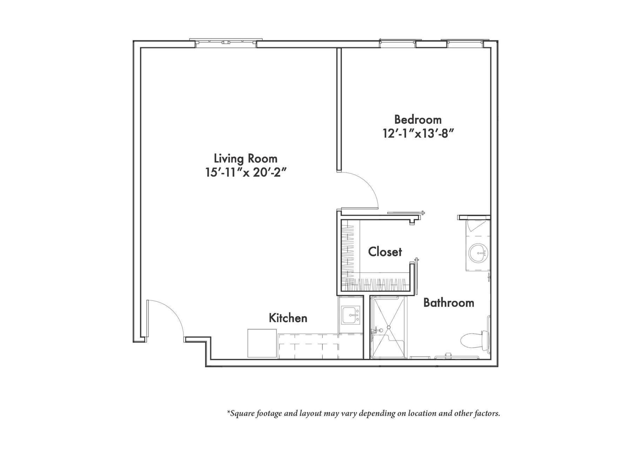The Claiborne at Shoe Creek senior living community one-bedroom floor plan