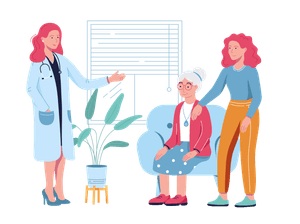 SureSafe Doctor with Senior Woman with SureSafeGO and Daughter Illustration