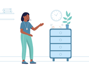 SureSafe Woman with Dark Hair and SureSafeGO and Chest of Drawers Illustration
