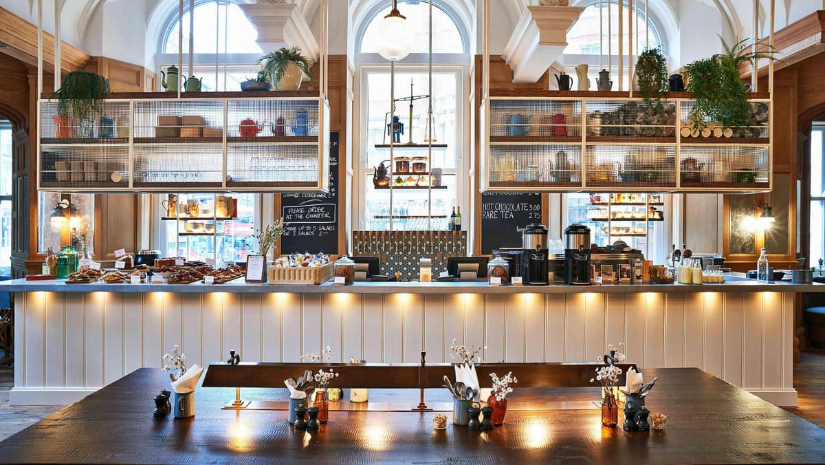 Image of a lit up cafe.