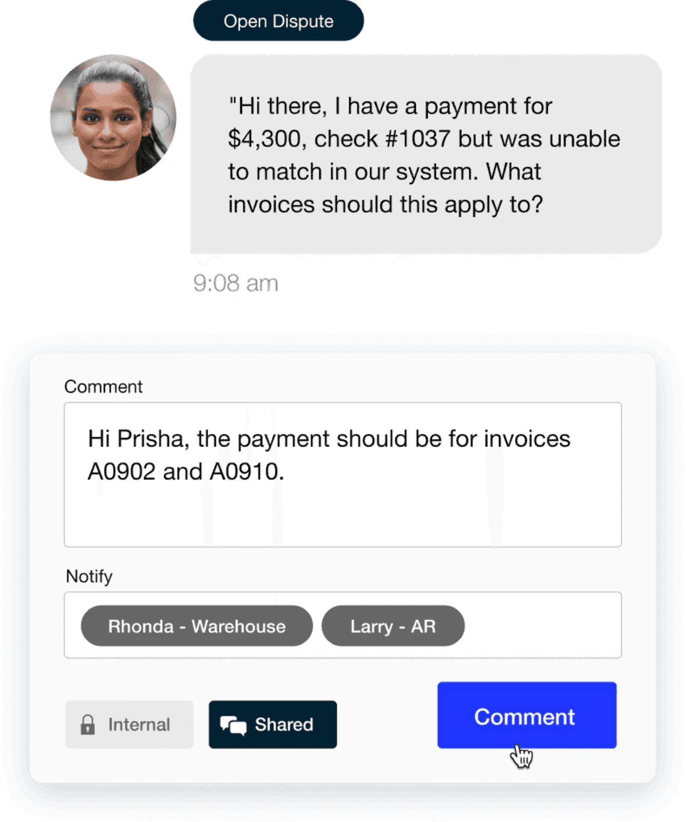A short payment taking place in Versapay's Collaborative AR environment