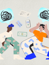 Two confused AR professionals face each other while checks, credit cards, and cash float behind them