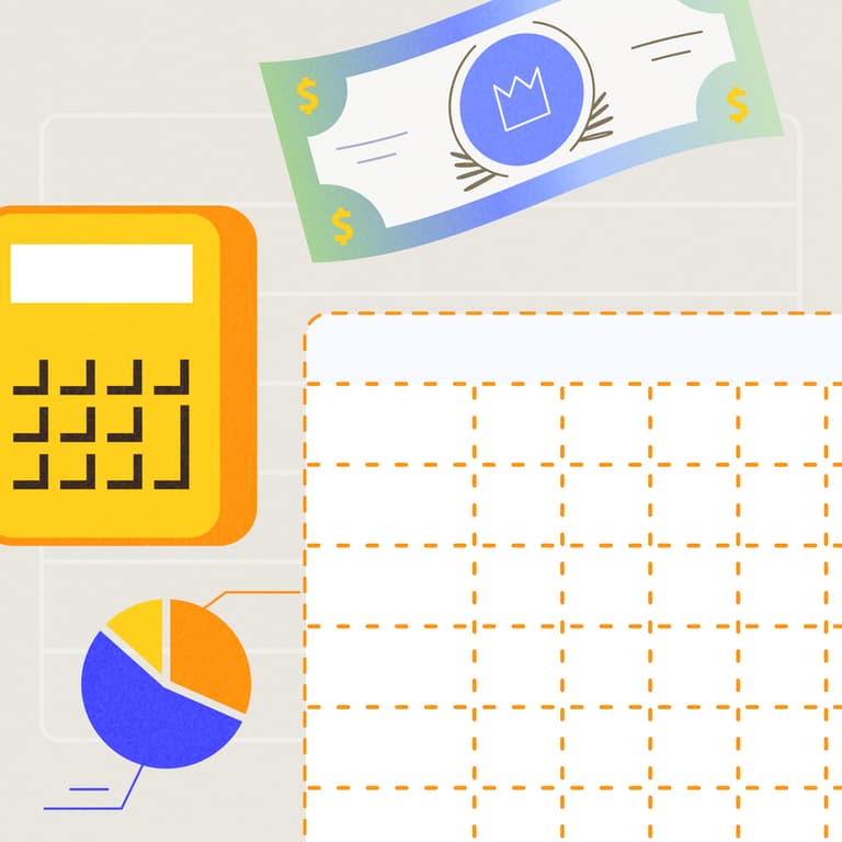 A calculator, dollar bill, pie chart and spreadsheet, viewed from above
