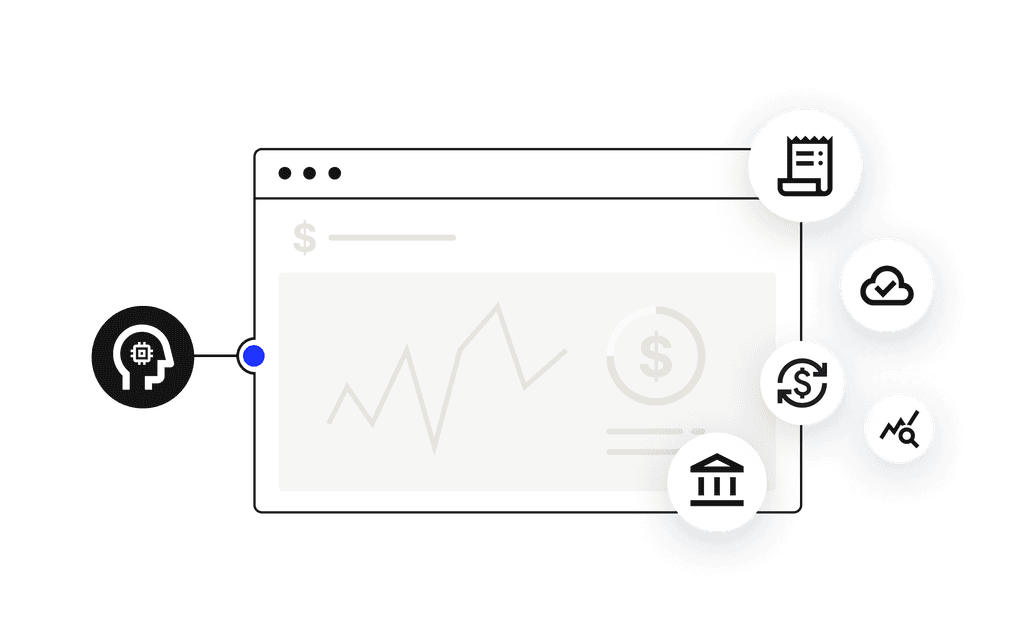 Icons representing artificial intelligence and finance activities surround a browser screen containing data and money