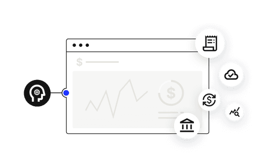 Icons representing artificial intelligence and finance activities surround a browser screen containing data and money