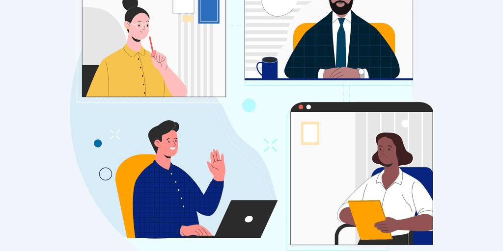 Illustration of four AR colleagues working remotely over an online communications platform