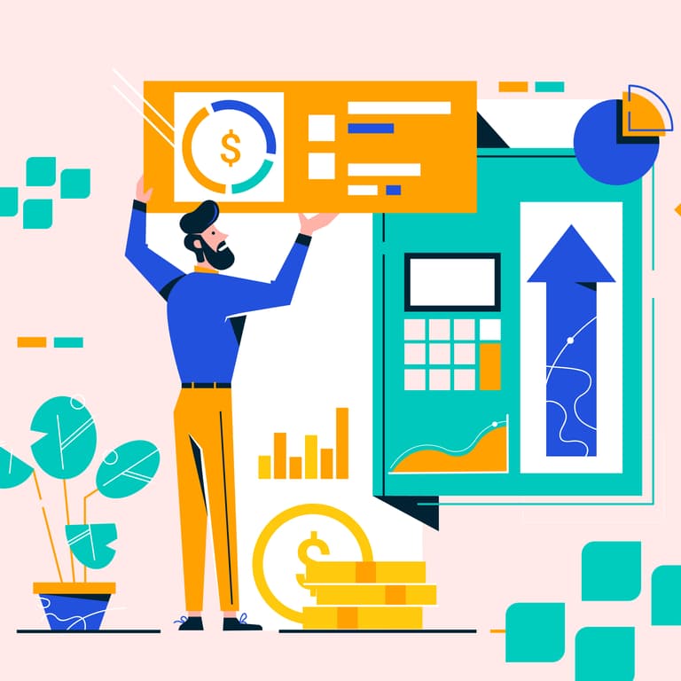 Individual holding a stylized data visualization, surrounded by cash and analytics symbols