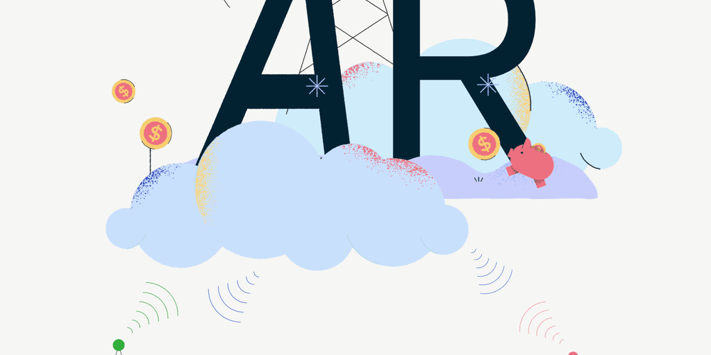 The letters 'AR' sitting on clouds, with network imagery surrounding it