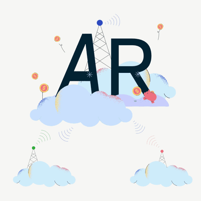 The letters 'AR' sitting on clouds, with network imagery surrounding it