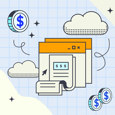 Invoice floating in the clouds, surrounded by coins