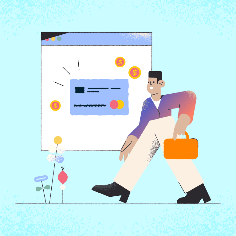 Person walking with briefcase, behind them is a stylized web page, with a credit card on it