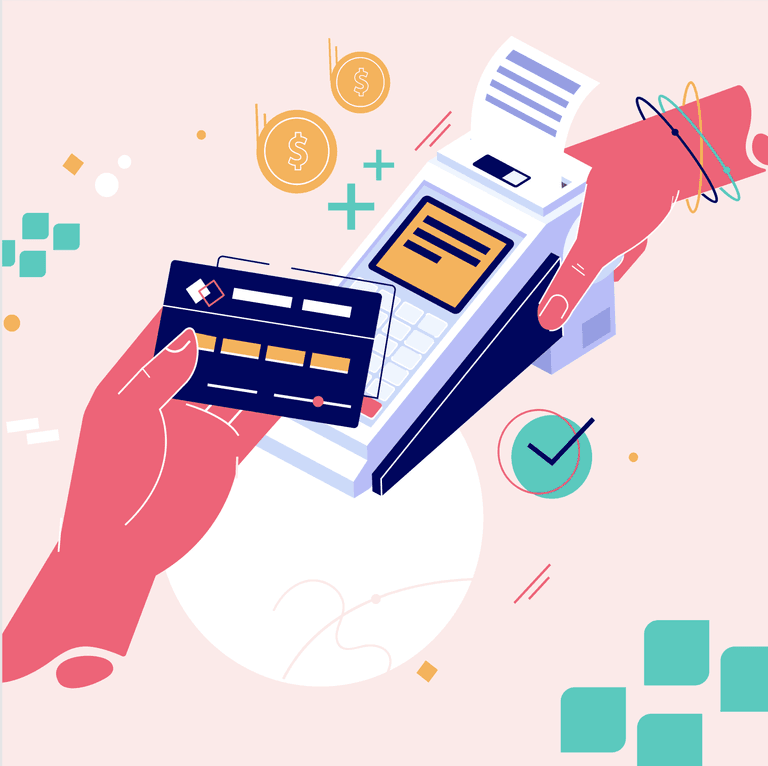 Credit card surcharges; a hand taps a credit card on a POS system