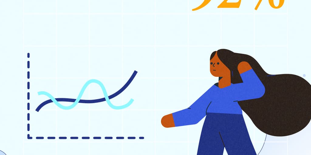 A person standing; in the background is a line graph, a bar chart, and the number ninety-two