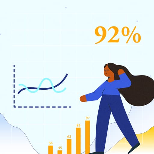 A person standing; in the background is a line graph, a bar chart, and the number ninety-two