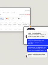 Collaborative payment portal with a conversation between a seller's AR team and a buyer's AP team overlaid on it