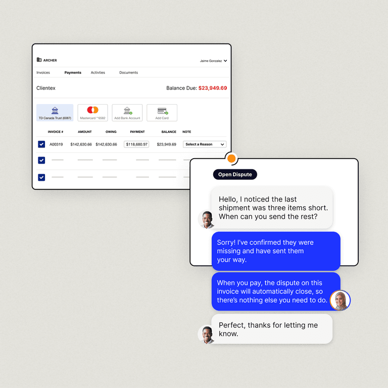 Collaborative payment portal with a conversation between a seller's AR team and a buyer's AP team overlaid on it