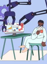 Illustration of an accounts receivable person sitting at their desk, as robotic arms automate their cash application processes for them.