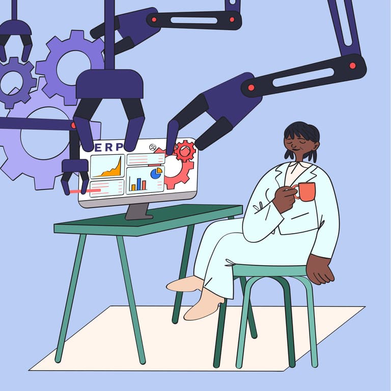 Illustration of an accounts receivable person sitting at their desk, as robotic arms automate their cash application processes for them.