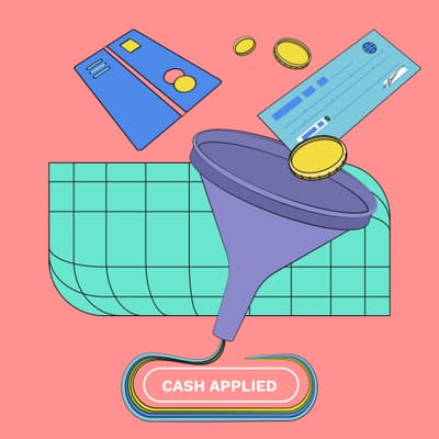 Conceptual image of a check, credit card, and cash entering a funnel, with texting reading 'cash applied' at the bottom