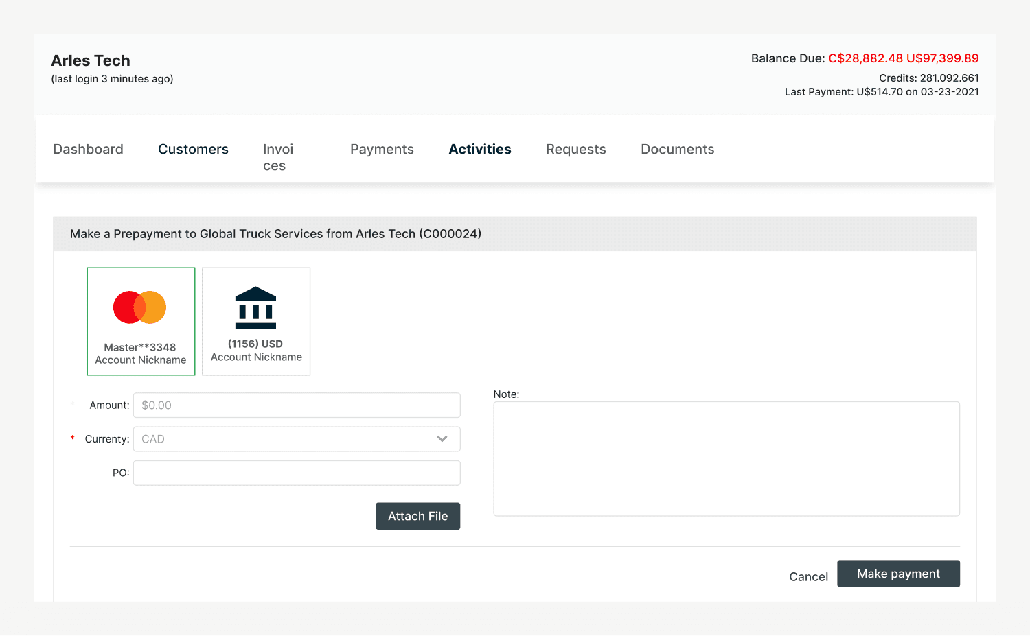 Customer making a prepayment to a supplier in Versapay