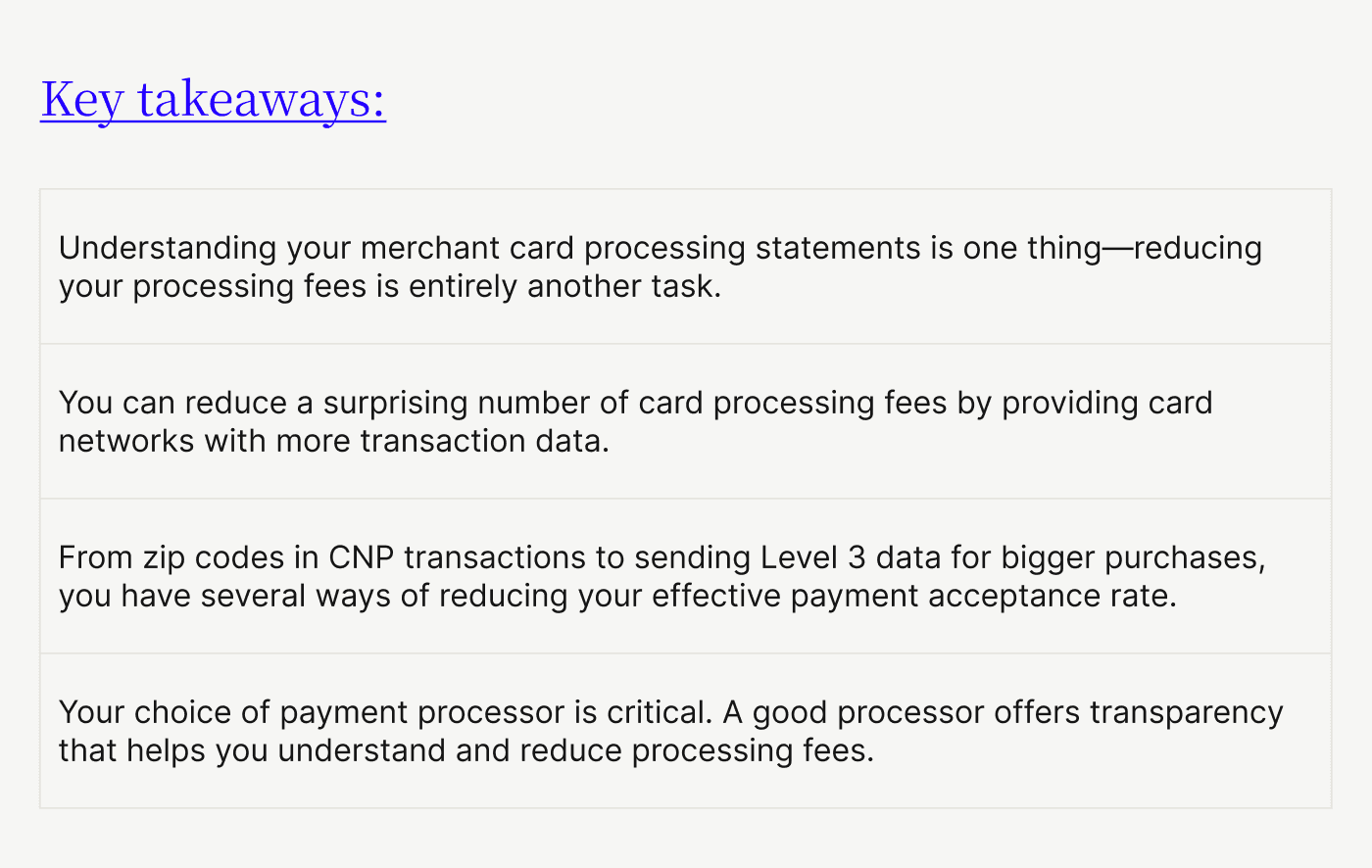 Key takeaways: how to lower credit card processing fees