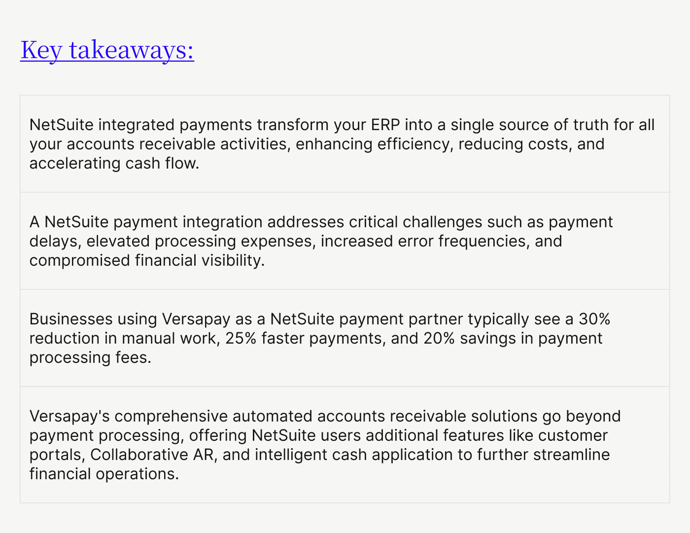 Key takeaways: NetSuite payment processing solutions