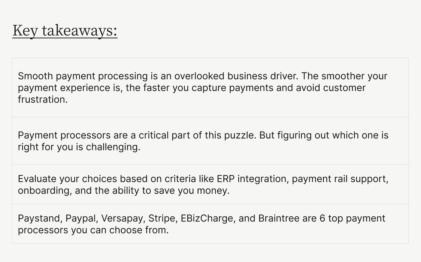 Key takeaways: top 6 payment processors reviewed