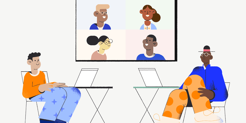 Two animated colleagues sit facing each other; between them floats a screen showing a virtual call