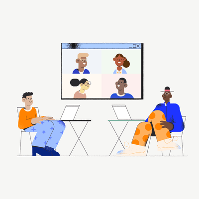 Two animated colleagues sit facing each other; between them floats a screen showing a virtual call