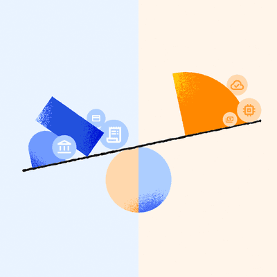 Blue and orange scale balances accounts receivable-related icons: invoices, money, banks, etc.
