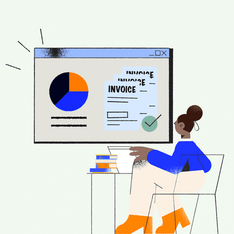Person sits before a floating screen showing invoices and a pie chart