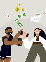 Two colleagues discuss tips for better automated cash application, while invoices and checks and money float around them