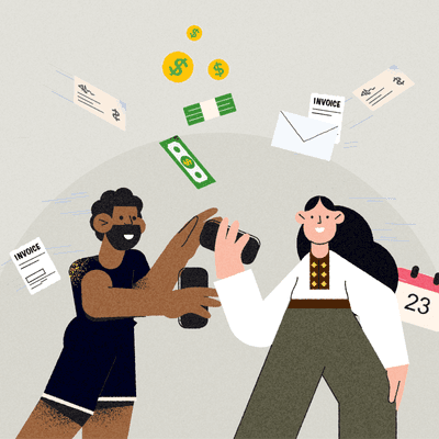 Two colleagues discuss tips for better automated cash application, while invoices and checks and money float around them