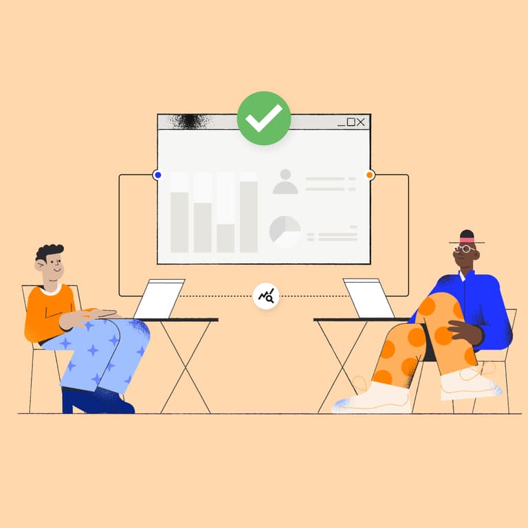 Credit risk analysis: two people sit at their laptops; between them floats a webpage dashboard