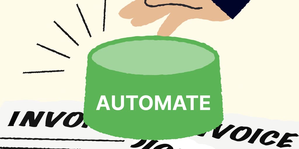Automated invoicing: a hand hovers over a button labeled 'automate', which sits on a pile of invoices