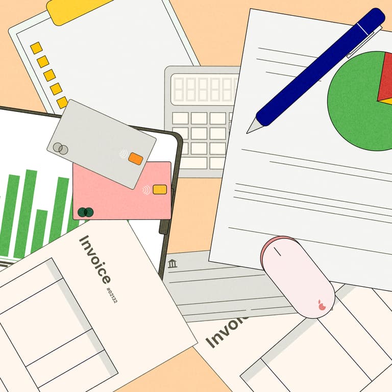 How to read your merchant processing statement. Checks and invoices and reports and calculators and credit cards lay on a table.