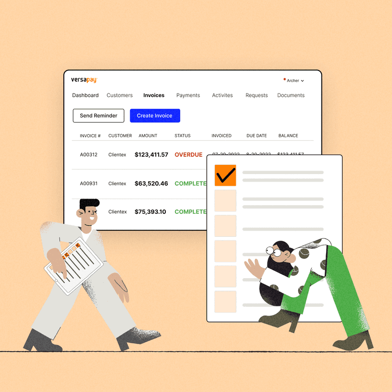 Two people evaluate accounts receivable payment portals; behind them float a payment portal and a checklist