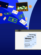 Electronic invoices on a floating screen, surrounded by collections icons: cash, checks, e-invoices, credit cards, etc.