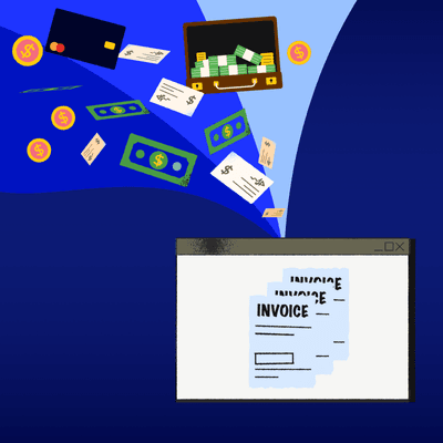 Electronic invoices on a floating screen, surrounded by collections icons: cash, checks, e-invoices, credit cards, etc.
