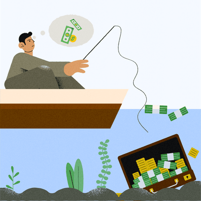 Minimize bad debt: someone sitting in a boat, fishing for a suitcase filled with cash