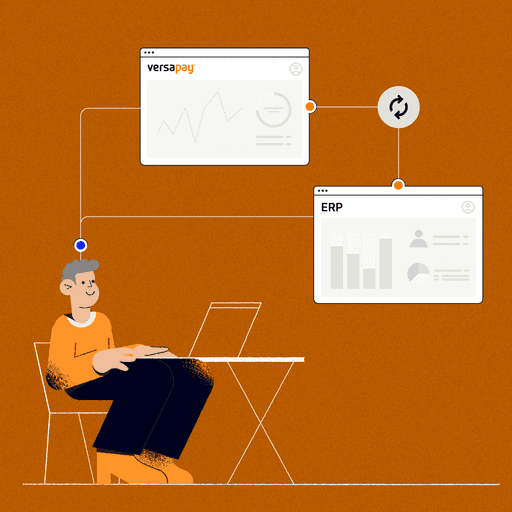 Person sitting at table and typing on laptop using Versapay's ERP payment integration solution