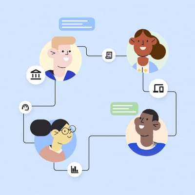 Four floating heads (representing accounts receivable professionals) are connected through lines, and surrounded by AR icons (like banks, checks, data, etc.)