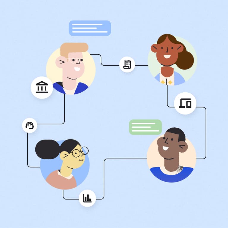 Four floating heads (representing accounts receivable professionals) are connected through lines, and surrounded by AR icons (like banks, checks, data, etc.)