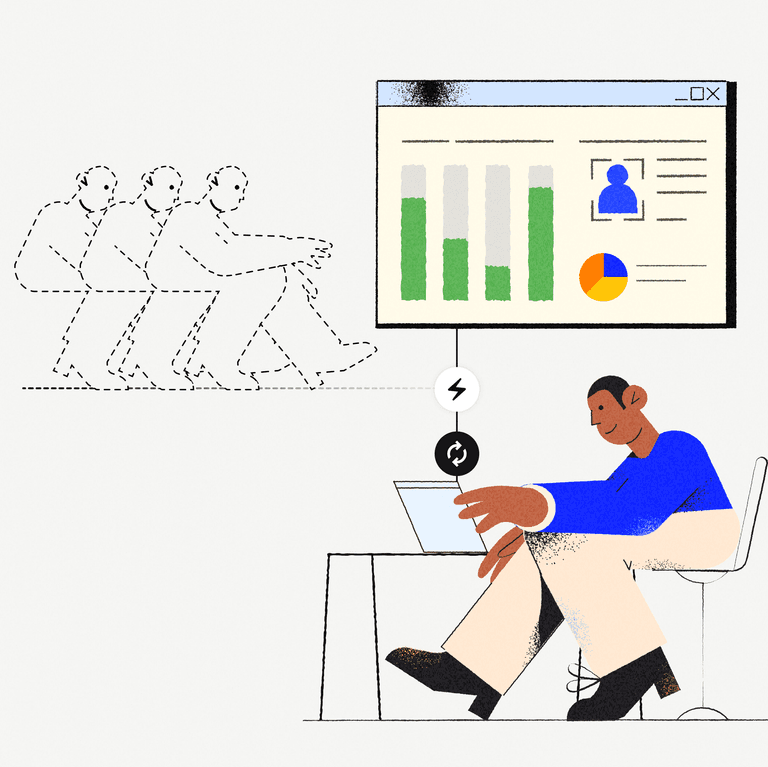 Automation solves the finance talent shortage. A shortage of workers is conceptualized alongside a floating dashboard.