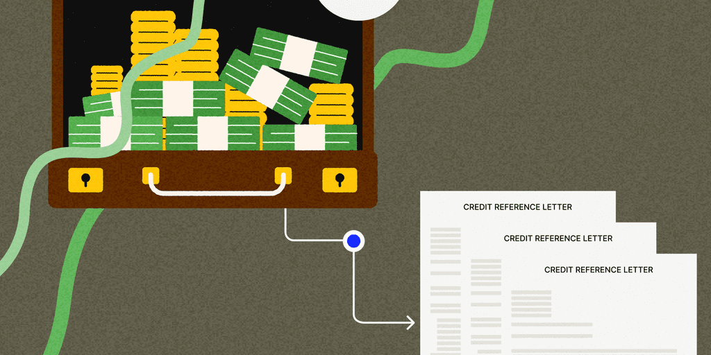 A chest full of money beside a trio of trade references