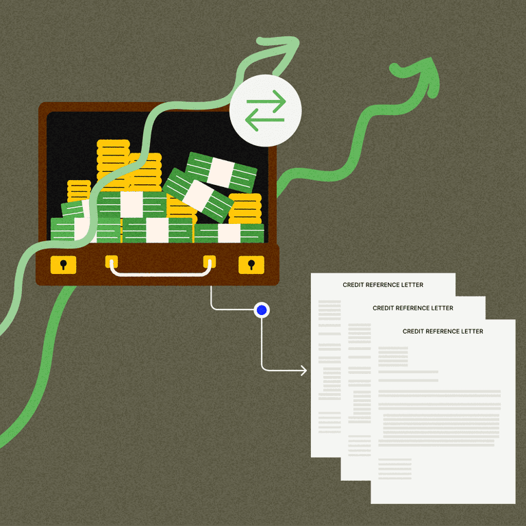 A chest full of money beside a trio of trade references