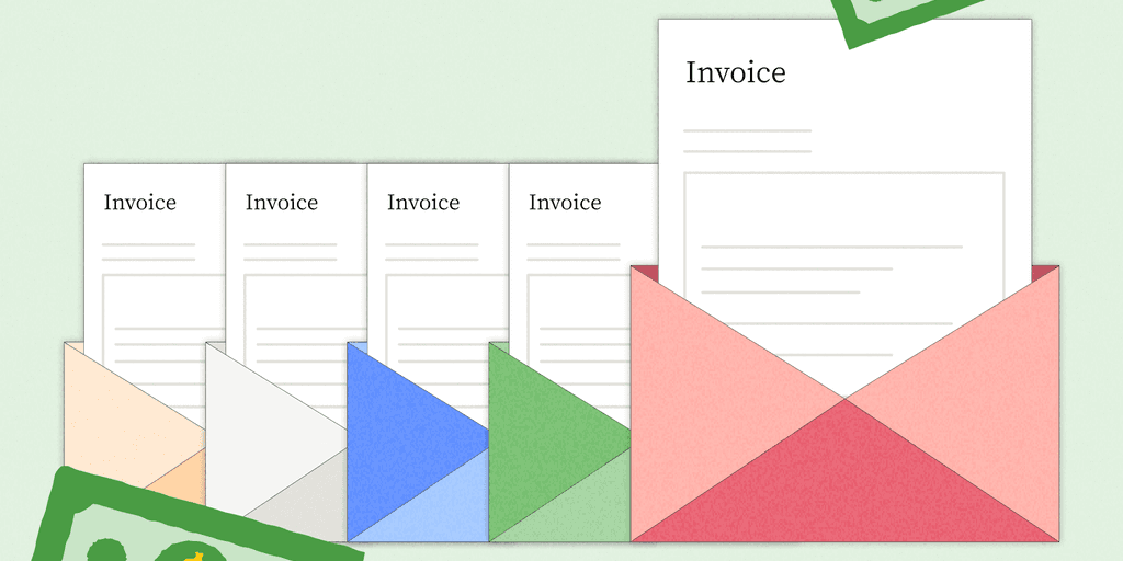 Multiple invoices stuffed in different color envelopes