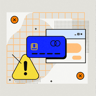 Illustration of a credit card, an online payment portal, and a warning icon